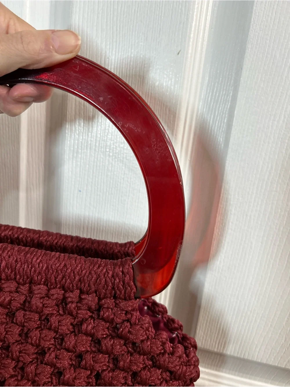 Burgundy Crochet Macrame Handbag Red Acrylic Handle Purse